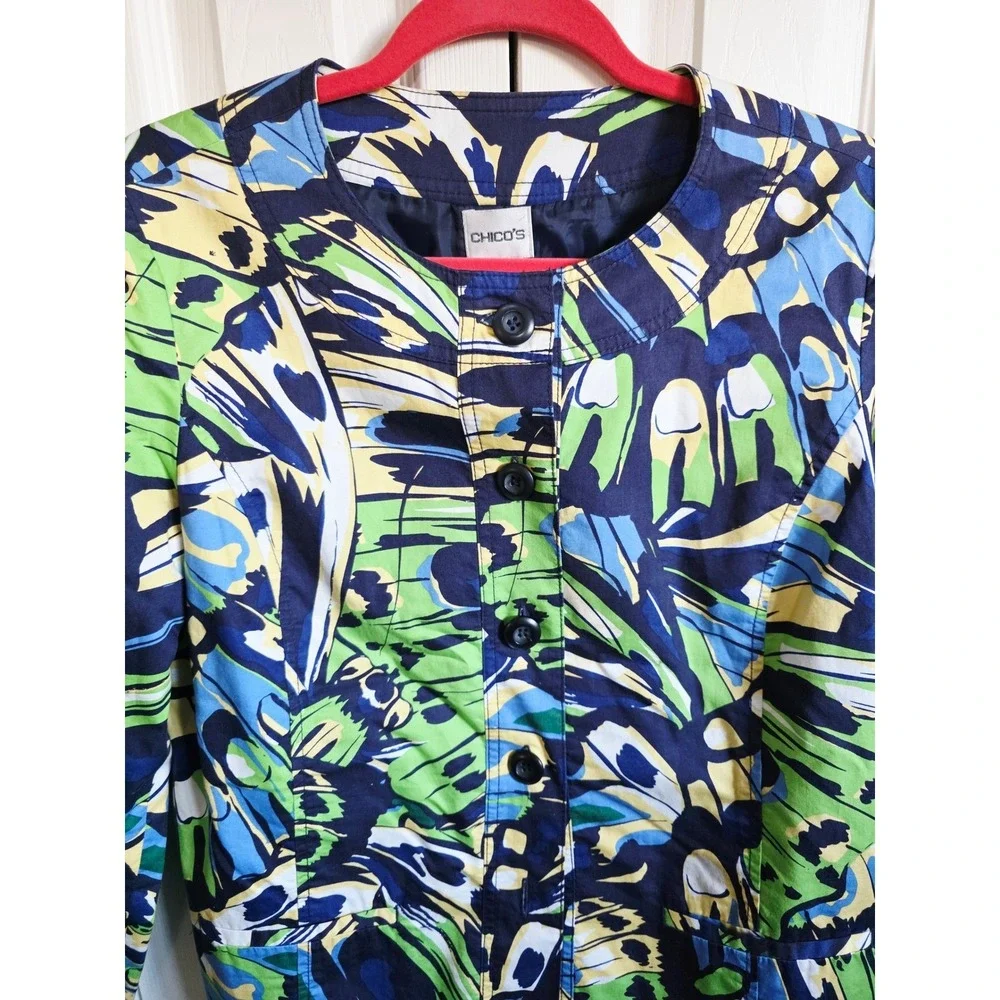 Chico's 1 Butterfly Print Button Front Jacket Blue Green Yellow Medium‎ NWOT